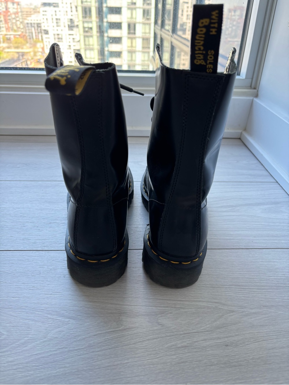 Dr. Martens Black Leather Combat Boots with Yellow Stitching - Picture 2 of 4